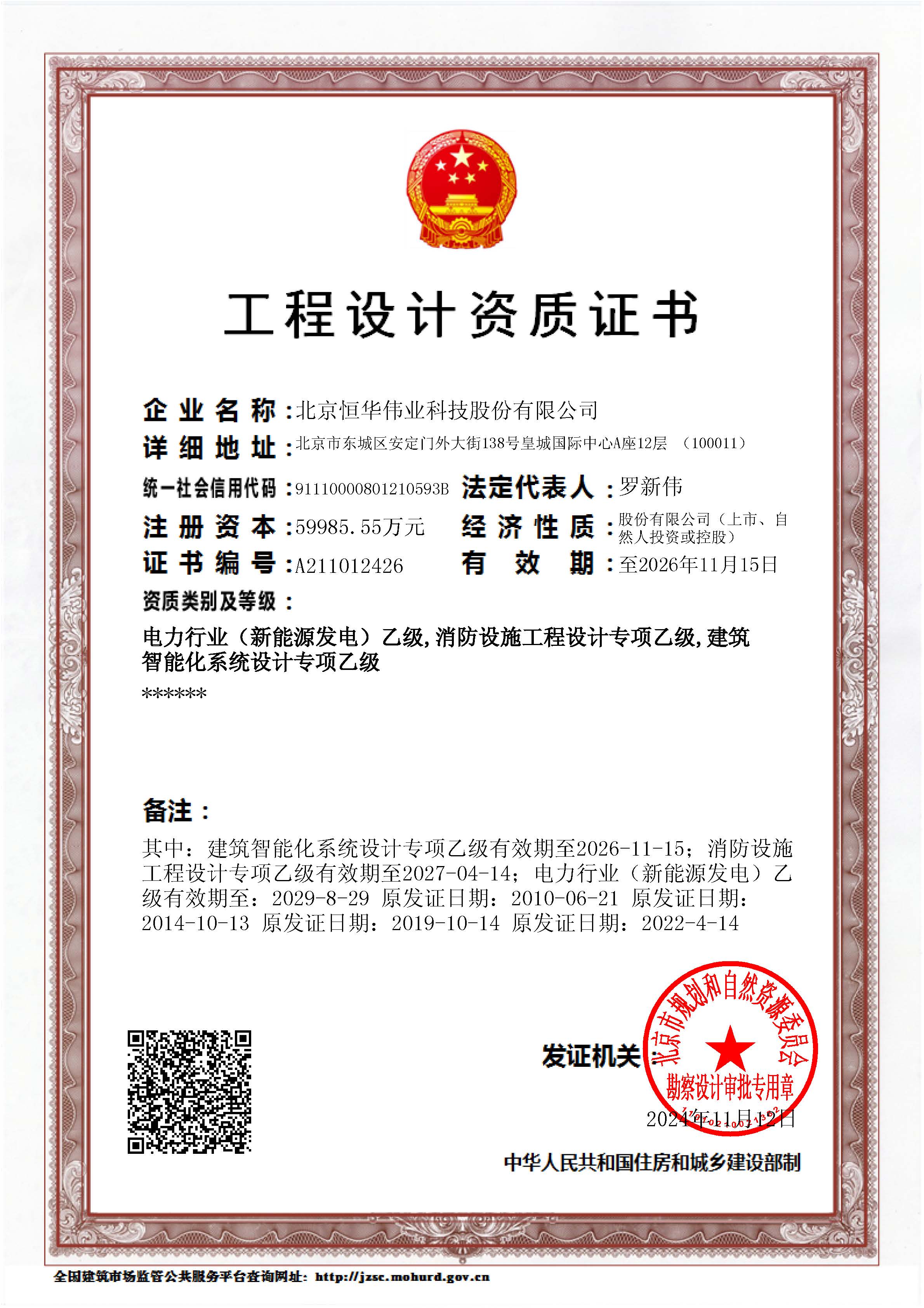 工程设计乙级（电力行业（新能源发电）专业、建筑智能化系统设计专项、消防设施工程设计专项）